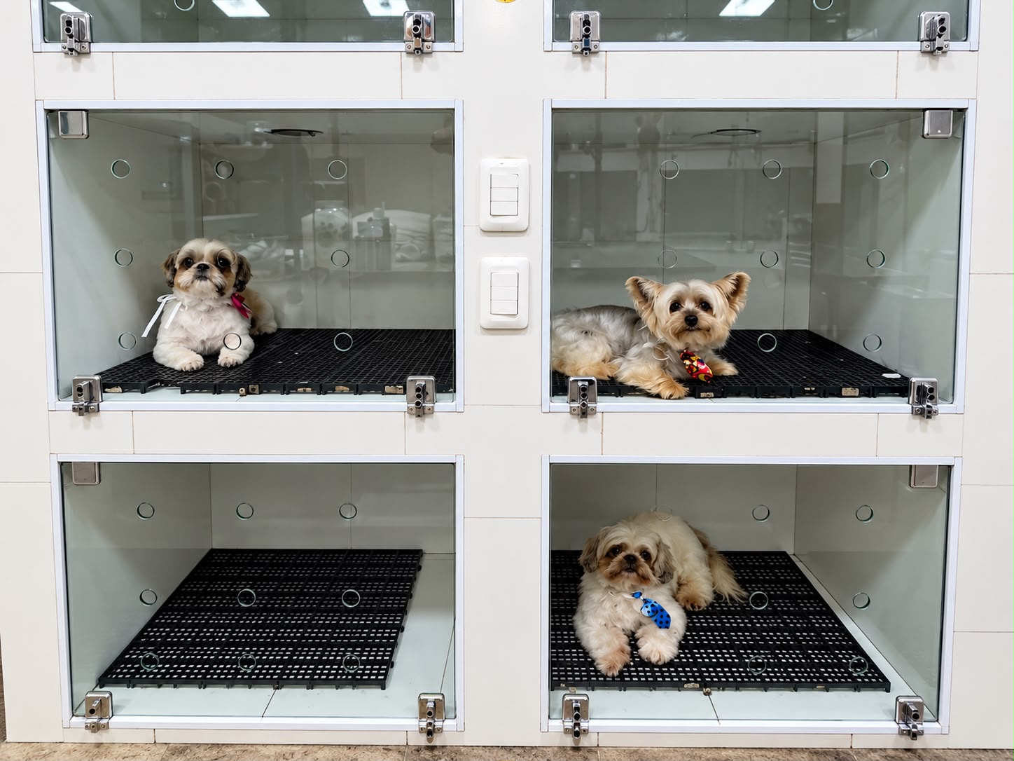 Três cães acomodados em baias na área de banho e tosa
