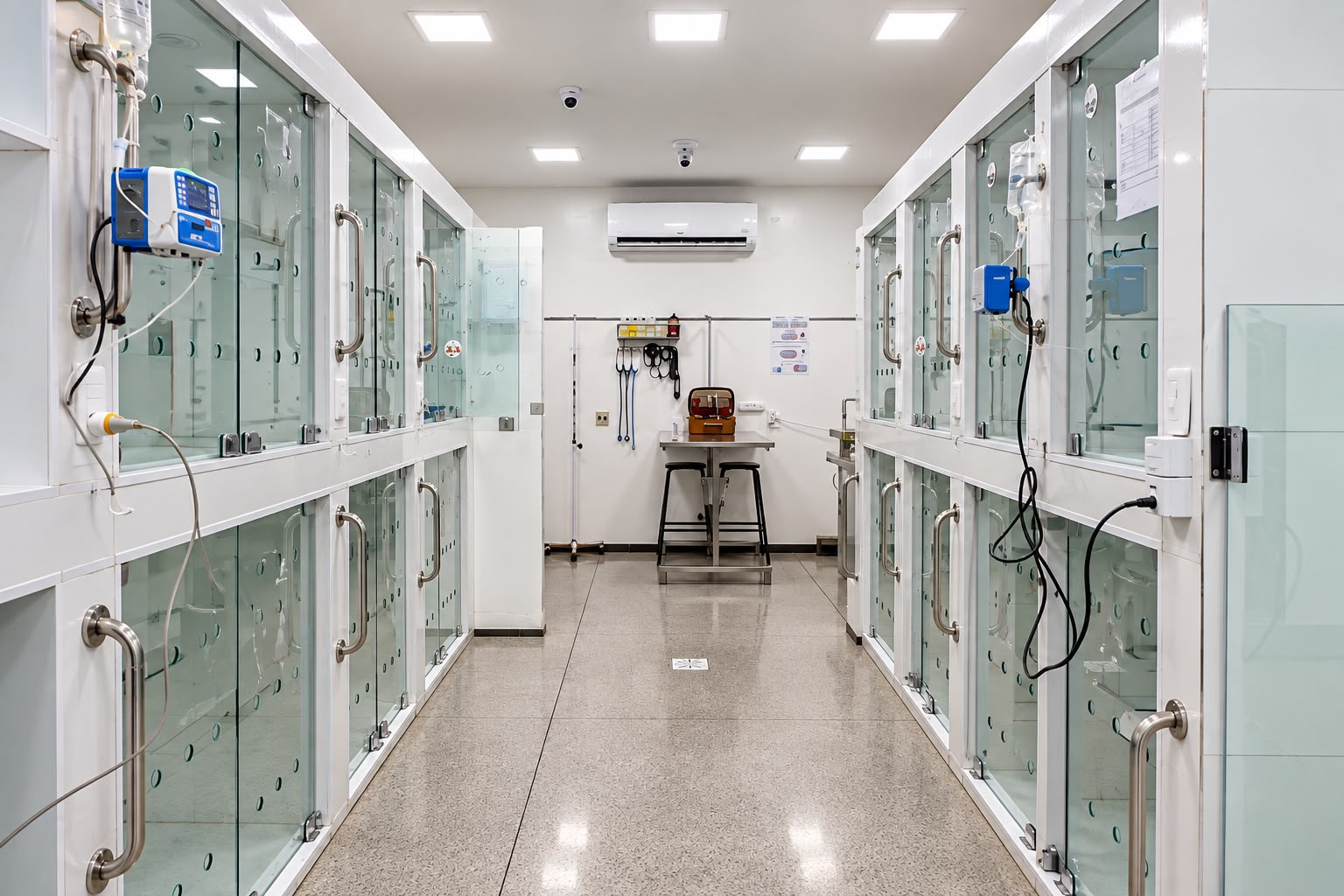 Corredor com baias individuais para pacientes internados