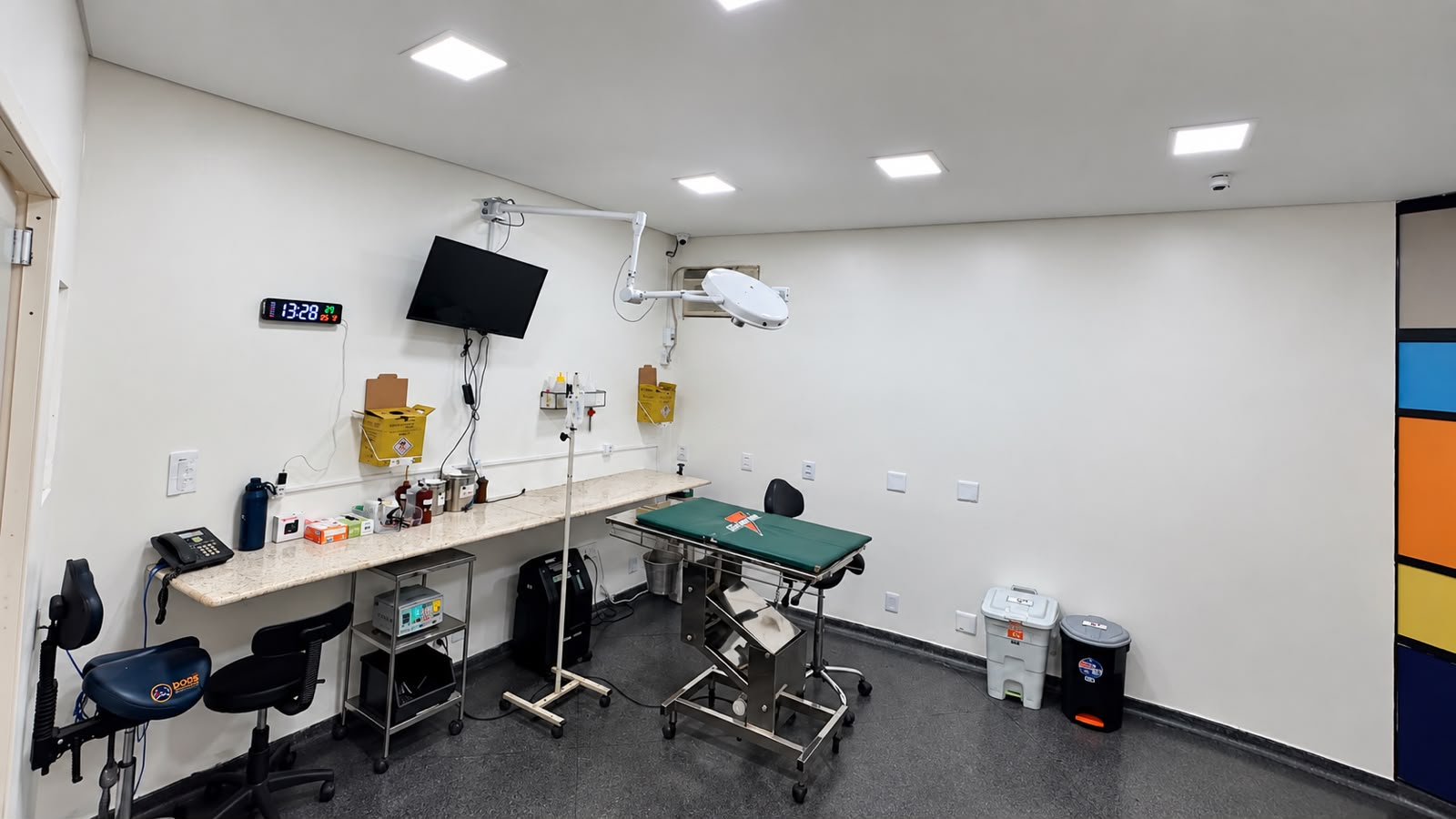 Sala cirúrgica veterinária com mesa de procedimento e equipamentos
